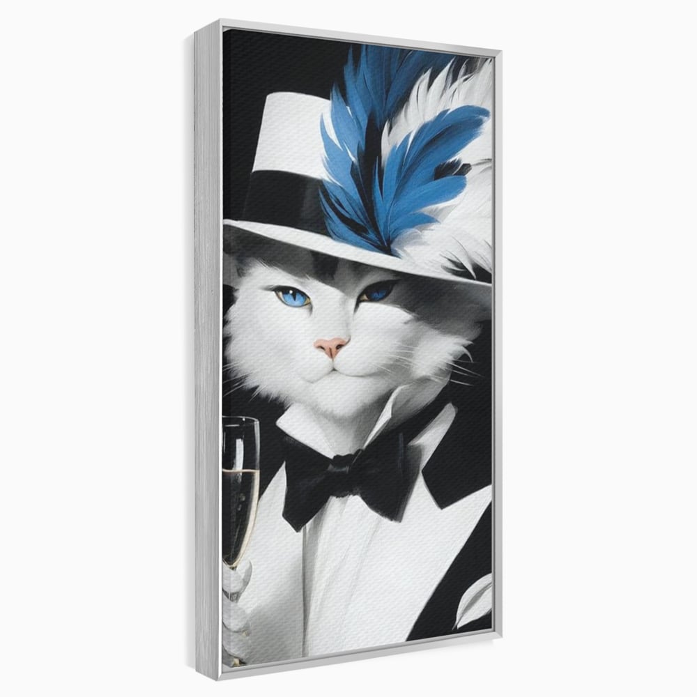 Tablou canvas cu tablou canvas cu pisica aristocrata in costum, in rama de aluminiu argintiu